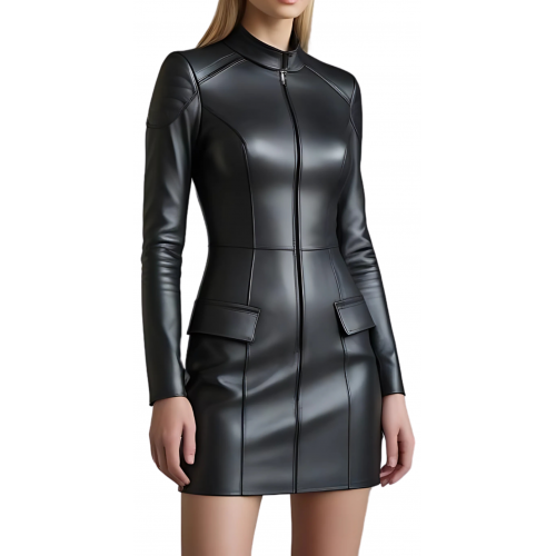Robe mi longue en cuir d'agneau noir avec zip et poches sur l'avant modèle Promété