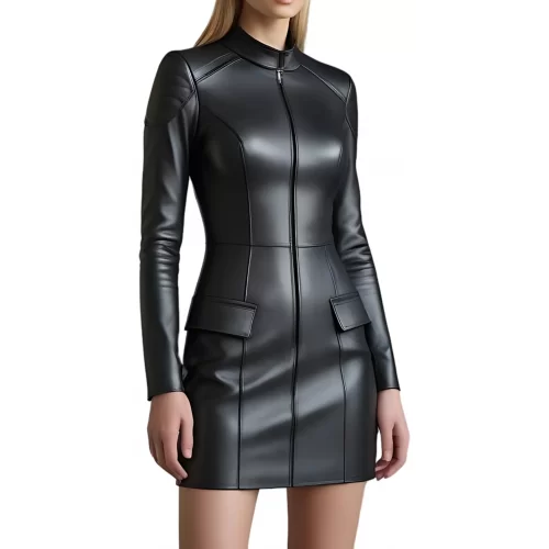 Robe mi longue en cuir d'agneau noir avec zip et poches sur l'avant modèle Promété