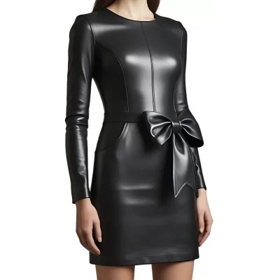 Robe mi longue en cuir d'agneau plongé noir et noeud au niveau de la taille manches longues modèle Téora