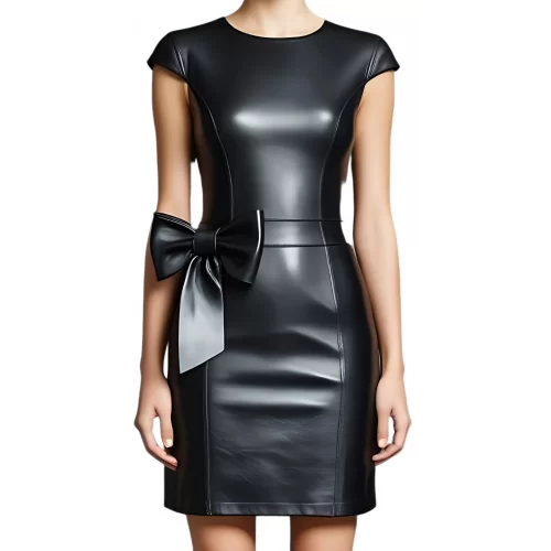 Robe mi longue en cuir d'agneau plongé noir et noeud à la taille manches courtes modèle Kana