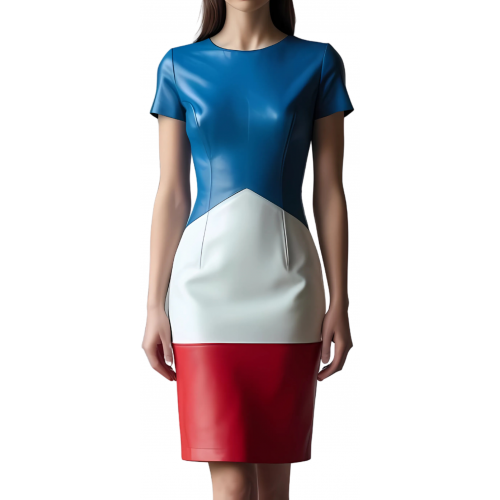 Robe mi longue en cuir d'agneau de trois couleurs bleu blanc et rouge manches courtes modèle Fruline
