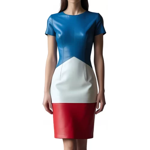 Robe mi longue en cuir d'agneau de trois couleurs bleu blanc et rouge manches courtes modèle Fruline