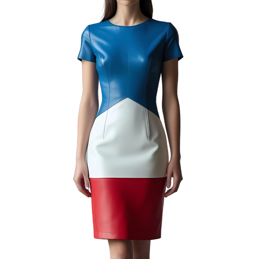 Robe mi longue en cuir d'agneau de trois couleurs bleu blanc et rouge manches courtes modèle Fruline