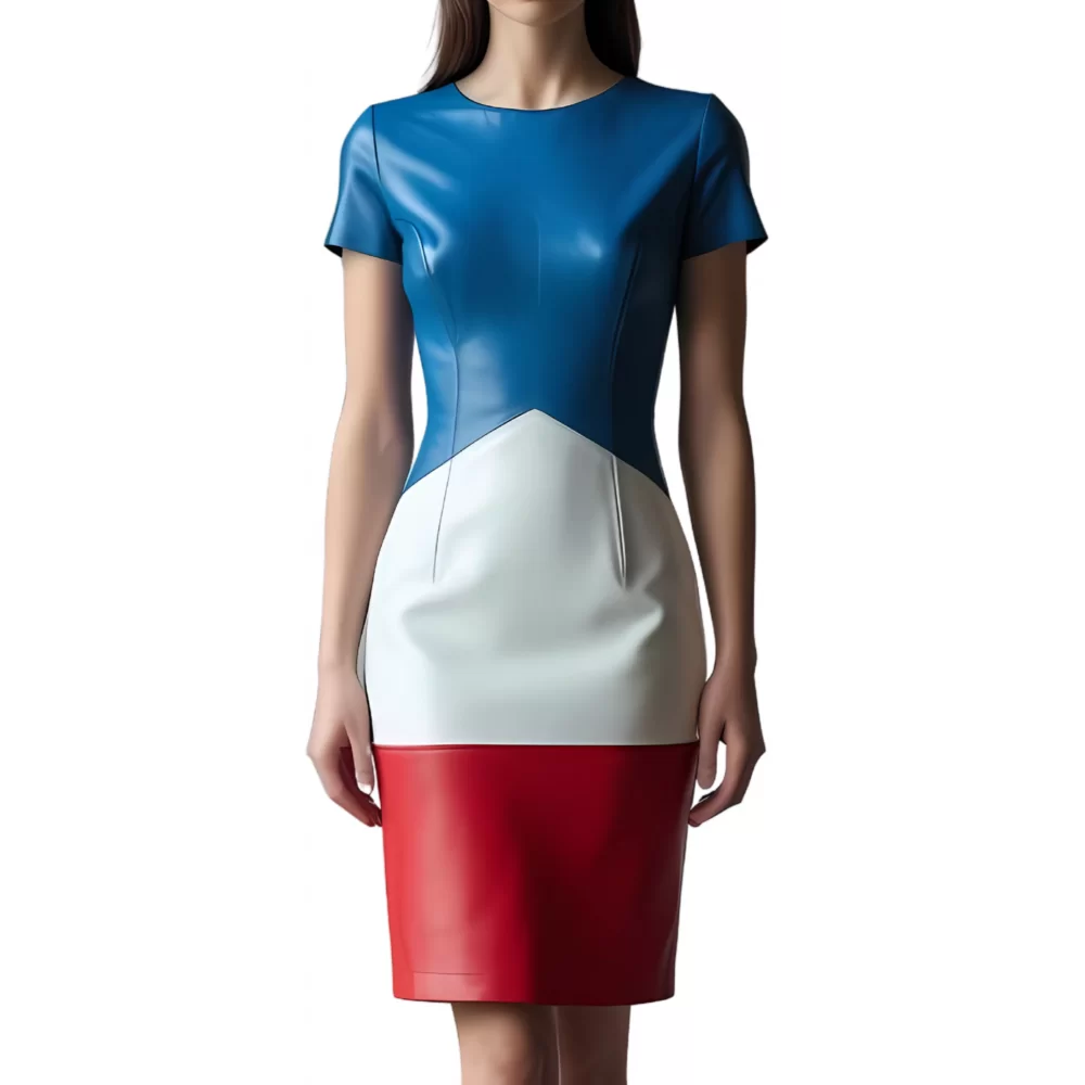 Robe mi longue en cuir d'agneau de trois couleurs bleu blanc et rouge manches courtes modèle Fruline