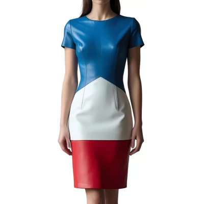 Robe mi longue en cuir d'agneau de trois couleurs bleu blanc et rouge manches courtes modèle Fruline