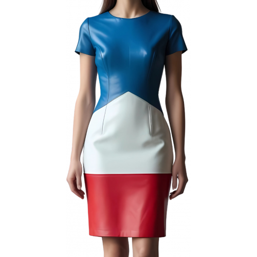 Robe mi longue en cuir d'agneau de trois couleurs bleu blanc et rouge manches courtes modèle Fruline