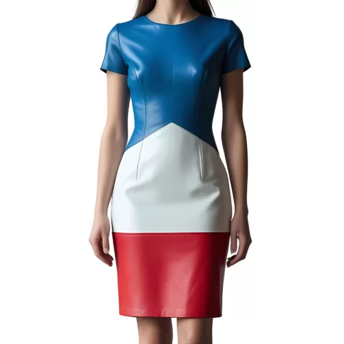 Robe mi longue en cuir d'agneau de trois couleurs bleu blanc et rouge manches courtes modèle Fruline