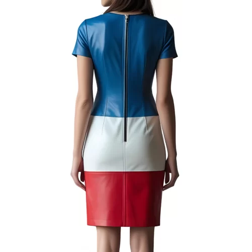 Robe mi longue en cuir d'agneau de trois couleurs bleu blanc et rouge manches courtes modèle Fruline