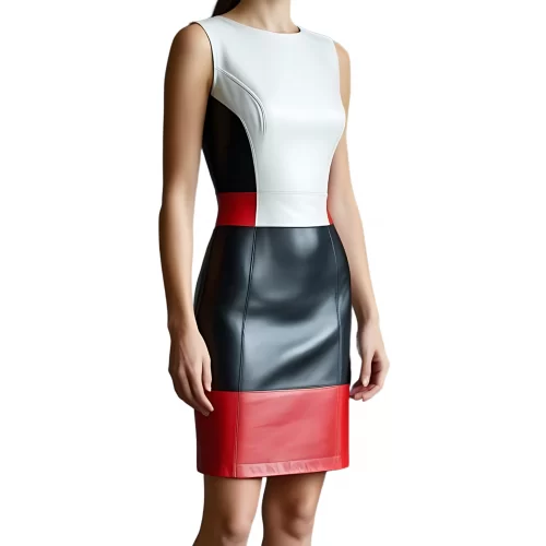 Robe mi longue en cuir d'agneau de trois couleurs bleu blanc et rouge manches courtes modèle Fruline
