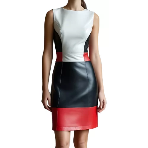Robe mi longue en cuir d'agneau de trois couleurs bleu blanc et rouge manches courtes modèle Fruline