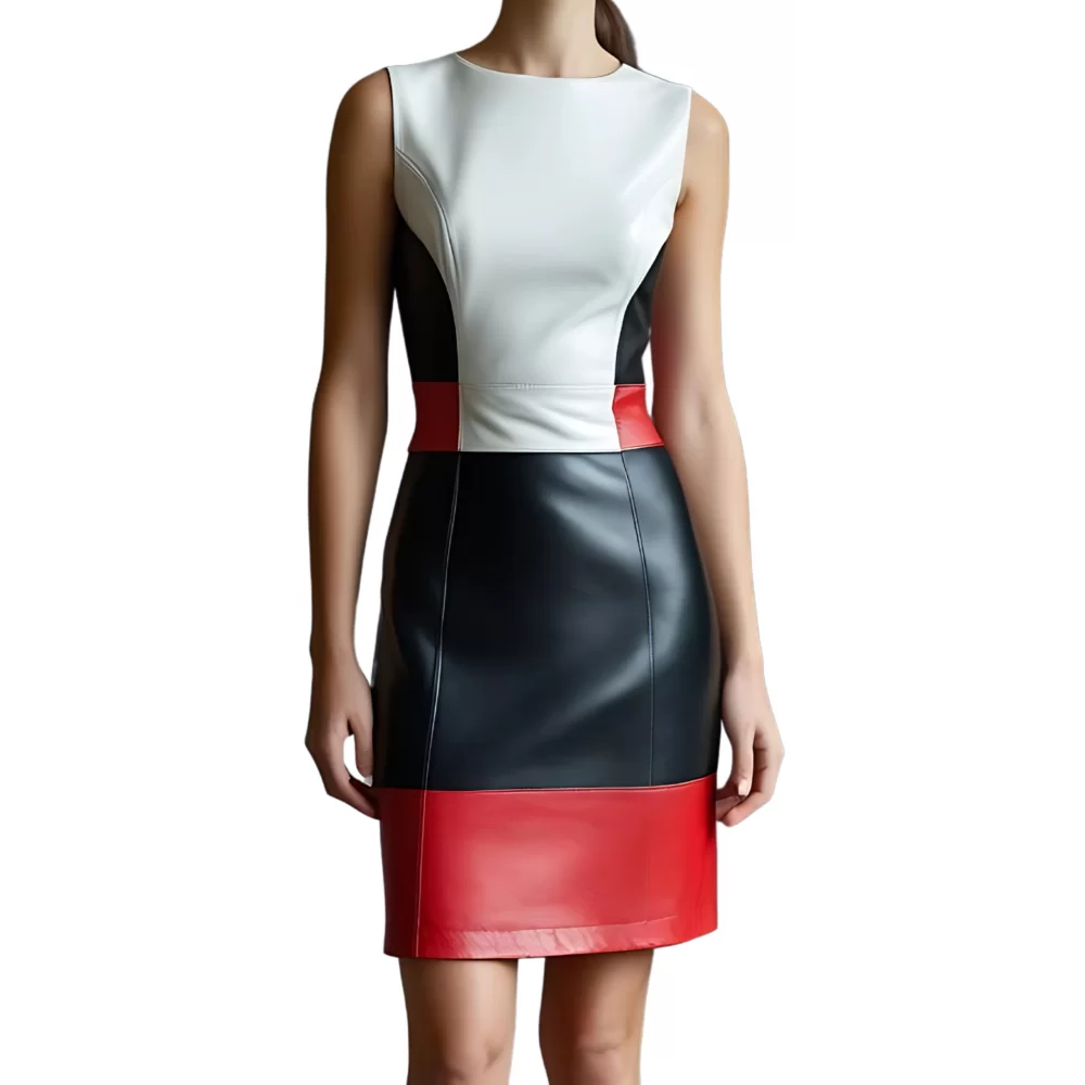 Robe mi longue en cuir d'agneau de trois couleurs bleu blanc et rouge manches courtes modèle Fruline