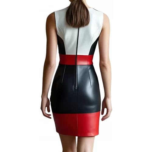 Robe mi longue en cuir d'agneau de trois couleurs bleu blanc et rouge manches courtes modèle Fruline