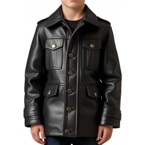Veste trois quart style veste de combat en cuir d'agneau noir modèle Timmy taille 10 ans