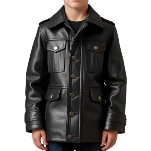 Veste trois quart style veste de combat en cuir d'agneau noir modèle Timmy taille 10 ans