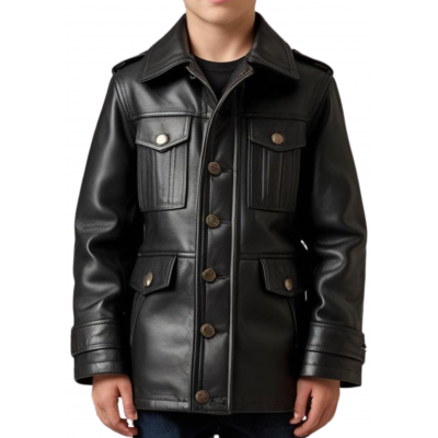 Veste trois quart style veste de combat en cuir d'agneau noir modèle Timmy taille 10 ans