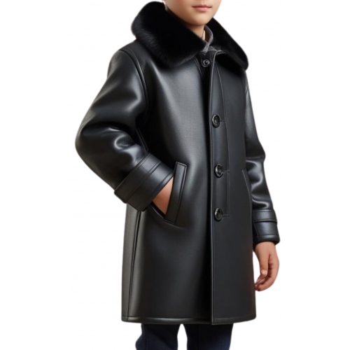 Manteau garçon en peau de mouton véritable  en cuir noir modèle carlota taille 10 ans