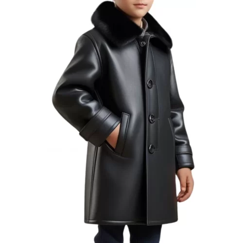 Manteau garçon en peau de mouton véritable en cuir noir modèle carlota taille 10 ans