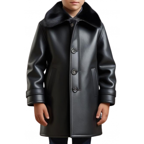 Manteau garçon en peau de mouton véritable  en cuir noir modèle carlota taille 10 ans