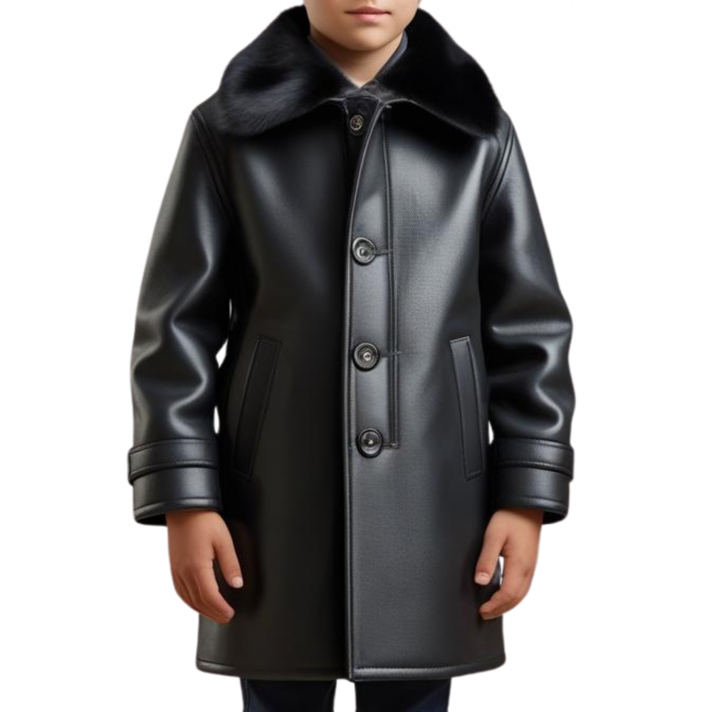 Manteau garçon en peau de mouton véritable  en cuir noir modèle carlota taille 10 ans