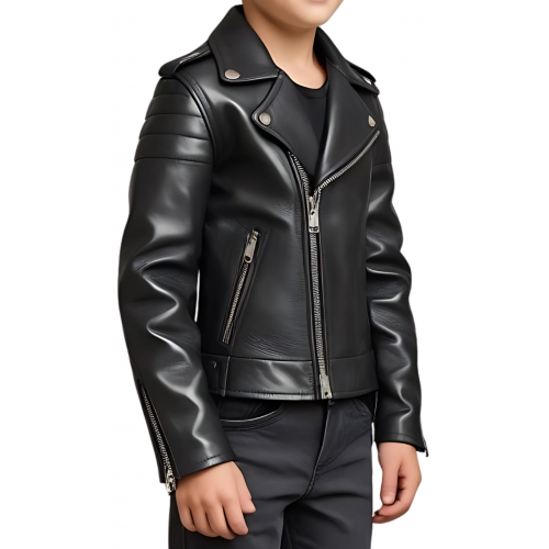 Blouson style perfecto garçon en cuir d'agneau noir modèle Blorti âge 10 ans
