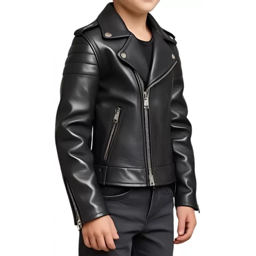 Blouson style perfecto garçon en cuir d'agneau noir modèle Blorti âge 10 ans