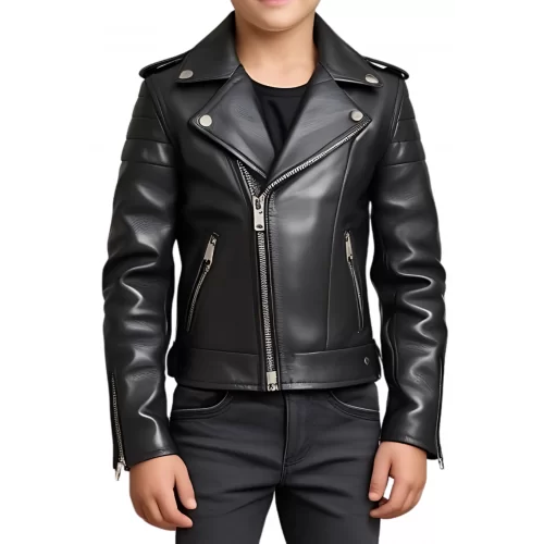Blouson style perfecto garçon en cuir d'agneau noir modèle Blorti âge 10 ans