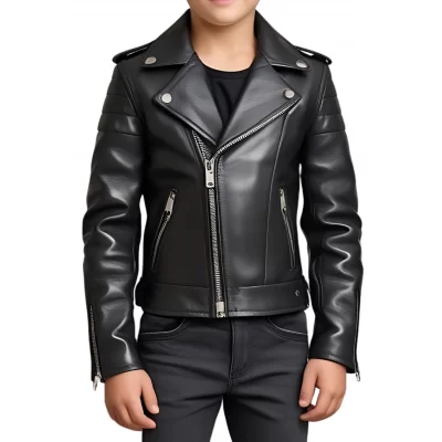Blouson style perfecto garçon en cuir d'agneau noir modèle Blorti âge 10 ans