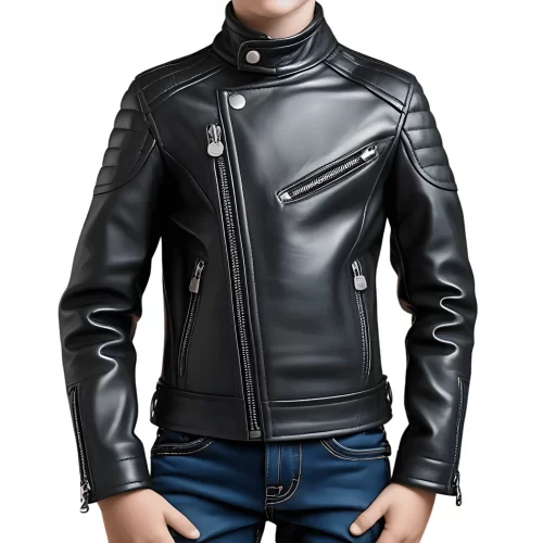 Blouson style perfecto garçon en cuir d'agneau noir modèle Phyl âge 10 ans