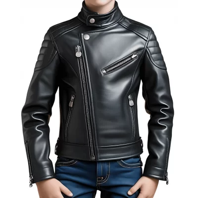 Blouson style perfecto garçon en cuir d'agneau noir modèle Phyl âge 10 ans