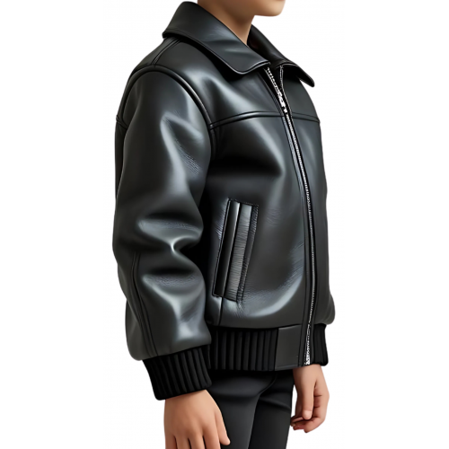 Blouson classique garçon en cuir d'agneau noir modèle Rickie âge 10 ans