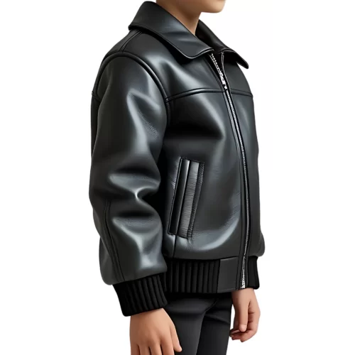 Blouson classique garçon en cuir d'agneau noir modèle Rickie âge 10 ans