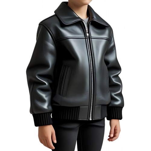 Blouson classique garçon en cuir d'agneau noir modèle Rickie âge 10 ans