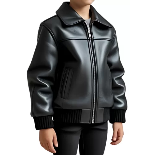 Blouson classique garçon en cuir d'agneau noir modèle Rickie âge 10 ans
