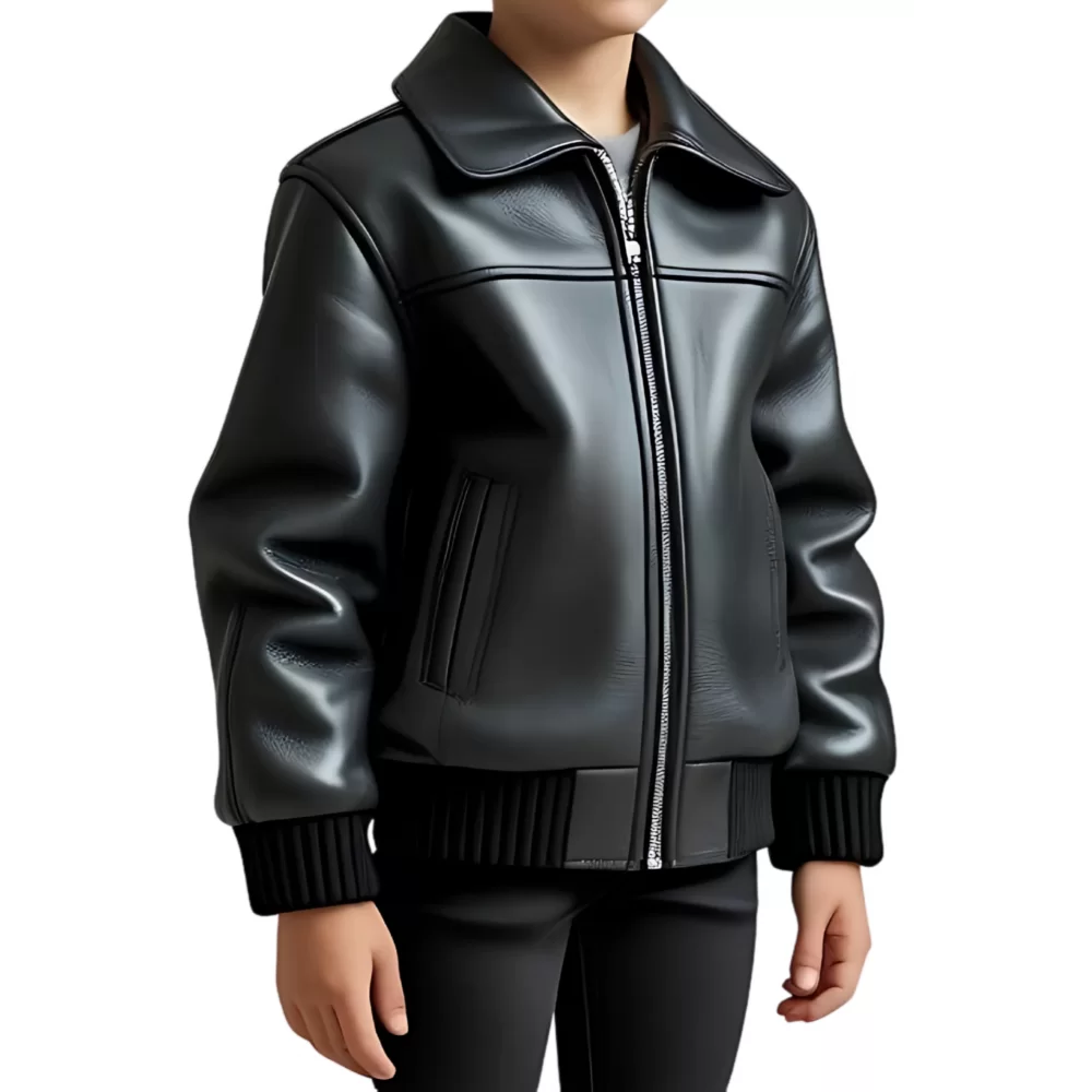 Blouson classique garçon en cuir d'agneau noir modèle Rickie âge 10 ans
