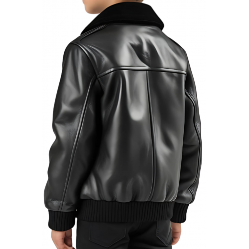 Blouson garçon en cuir d'agneau noir col mouton amovible modèle Bénéti âge 10 ans