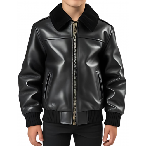 Blouson garçon en cuir d'agneau noir col mouton amovible modèle Bénéti âge 10 ans