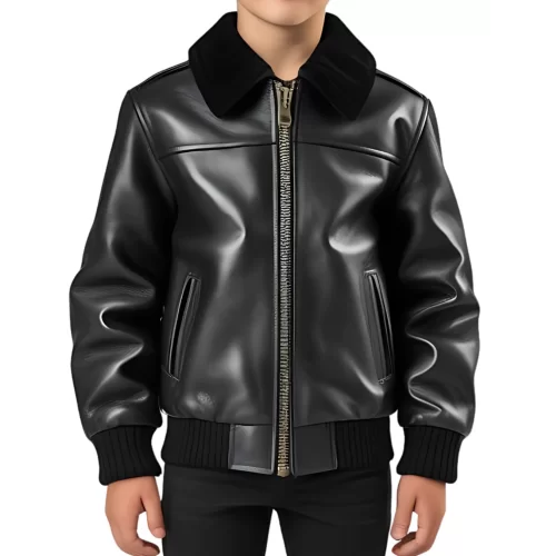 Blouson garçon en cuir d'agneau noir col mouton amovible modèle Bénéti âge 10 ans