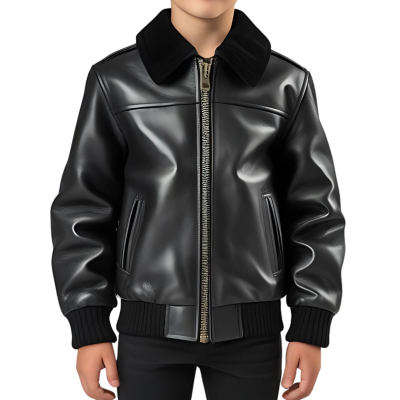 Blouson garçon en cuir d'agneau noir col mouton amovible modèle Bénéti âge 10 ans