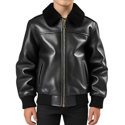 Blouson garçon en cuir d'agneau noir col mouton amovible modèle Bénéti âge 10 ans