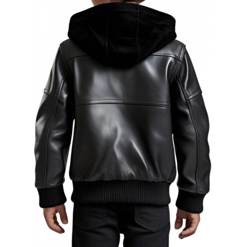 Blouson à capuche garçon en cuir d'agneau noir capuche en agneau velours noir modèle Xitie âge 10 ans