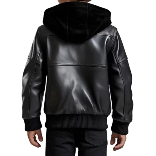Blouson à capuche garçon en cuir d'agneau noir capuche en agneau velours noir modèle Xitie âge 10 ans