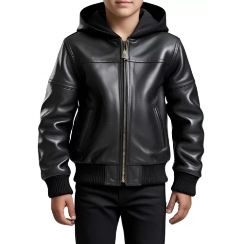 Blouson à capuche garçon en cuir d'agneau noir capuche en agneau velours noir modèle Xitie âge 10 ans