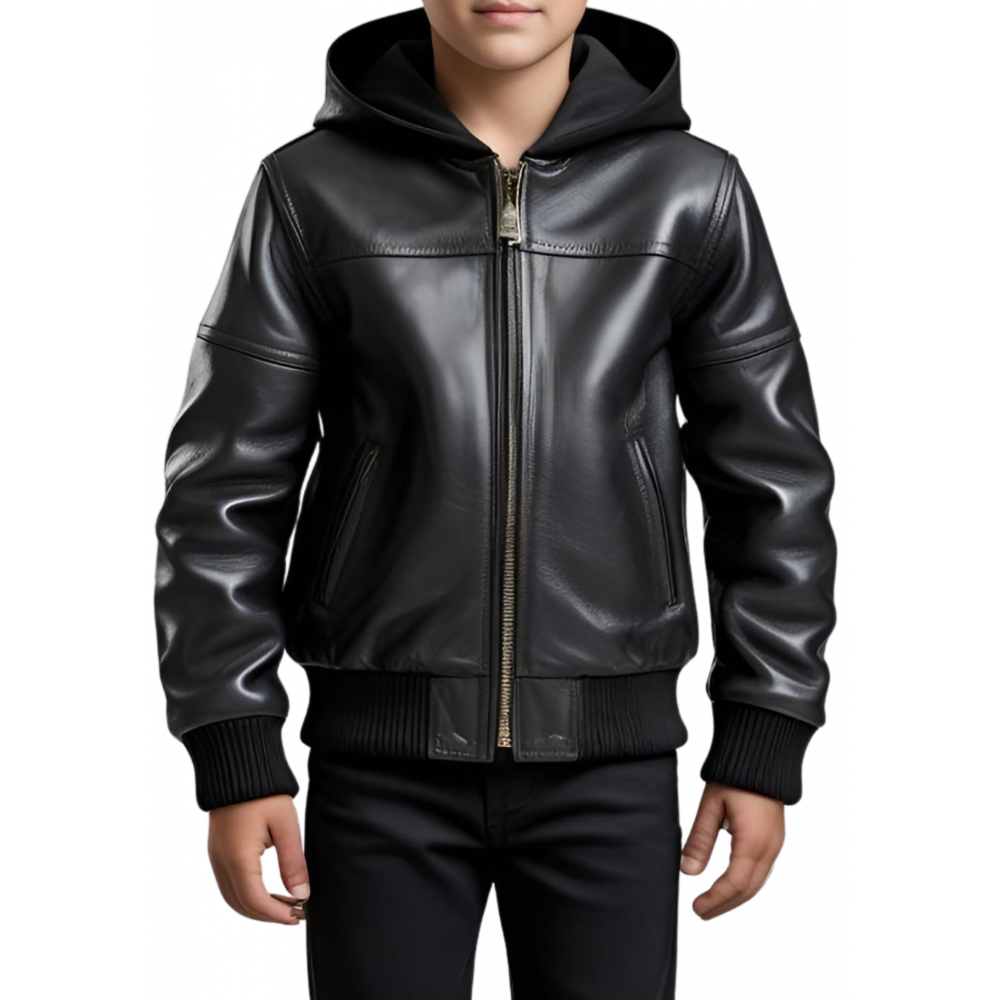 Blouson à capuche garçon en cuir d'agneau noir capuche en agneau velours noir modèle Xitie âge 10 ans