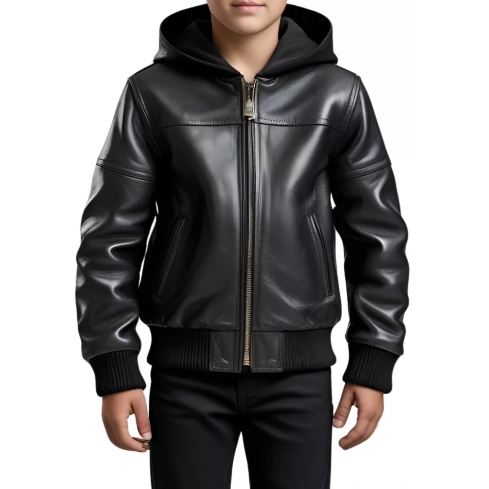 Blouson à capuche garçon en cuir d'agneau noir capuche en agneau velours noir modèle Xitie âge 10 ans