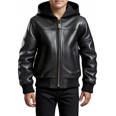 Blouson à capuche garçon en cuir d'agneau noir capuche en agneau velours noir modèle Xitie âge 10 ans