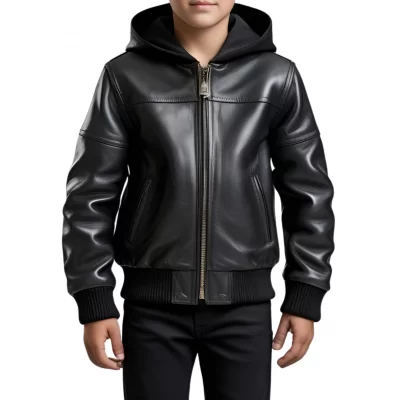 Blouson à capuche garçon en cuir d'agneau noir capuche en agneau velours noir modèle Xitie âge 10 ans