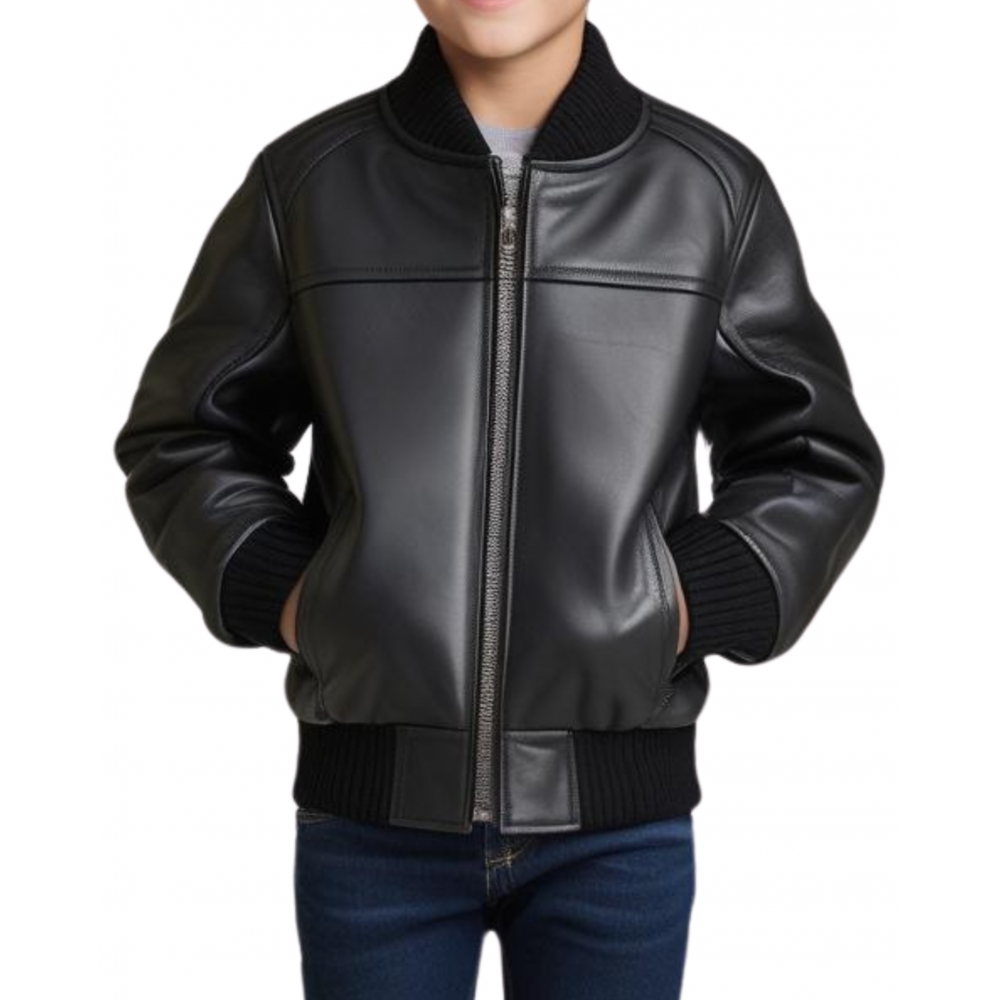 Blouson type teddy garçon en cuir d'agneau noir modèle Timon âge 10 ans
