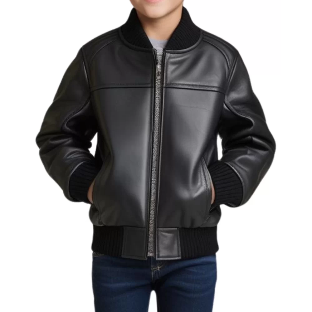 Blouson type teddy garçon en cuir d'agneau noir modèle Timon âge 10 ans