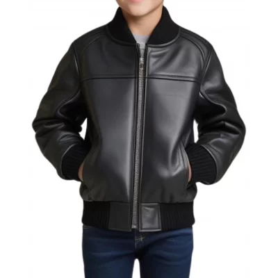 Blouson type teddy garçon en cuir d'agneau noir modèle Timon âge 10 ans