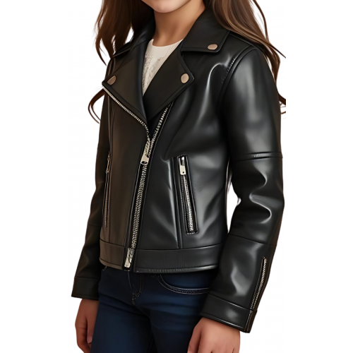 Blouson type perfecto fille en cuir d'agneau noir modèle Pilia âge 10 ans